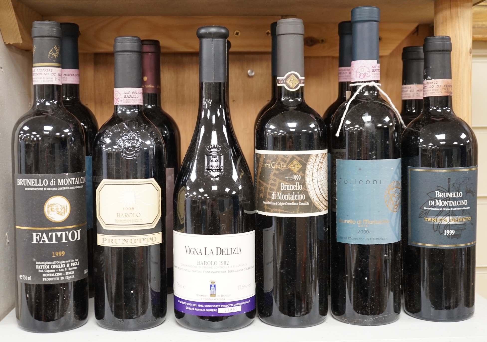 Twelve bottles of Italian wine comprising Brunello Di Montalcino 1999 & 2000 and Vigna La Delizia Barolo 1982. Condition - unknown storage history